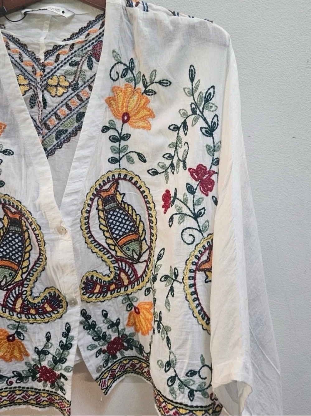 Zara Women's Embroidered Floral Kimono Crop Top Size XL White Boho Cottage - Picture 4 of 11
